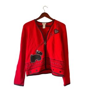 Vintage womens Petites Red Scottie Dog‎ Heart Zipper Cardigan wool blend Small